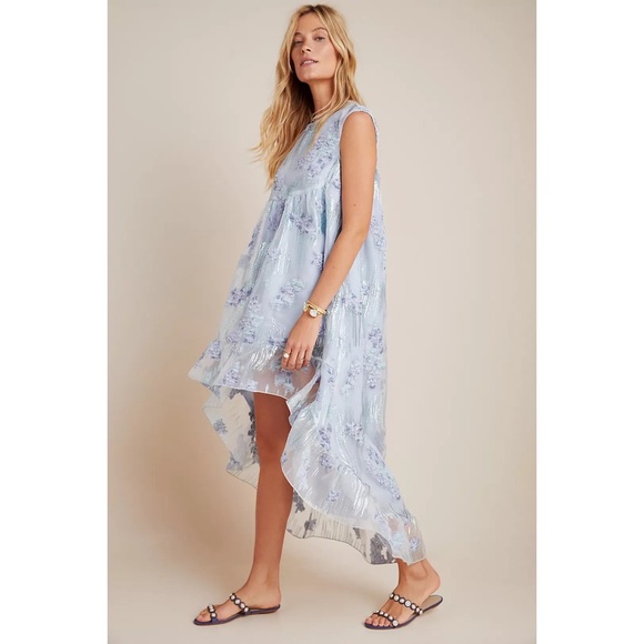 💕 ANNA SUI ruffled jacquard maxi dress for Anthropologie blue metallic high low - Picture 4 of 5